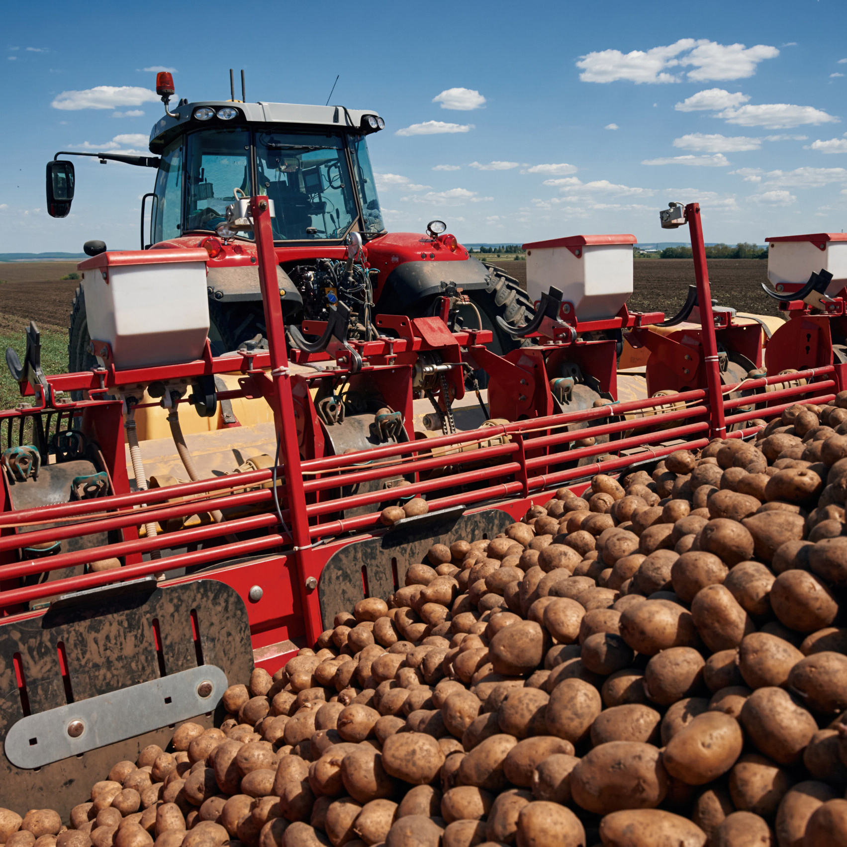 Bunch of fresh potatoes. Agricultural machinery, tractor on the field. Conception of harvest Bunch of fresh potatoes. Agricultural machinery, tractor on the field. Conception of harvest.
